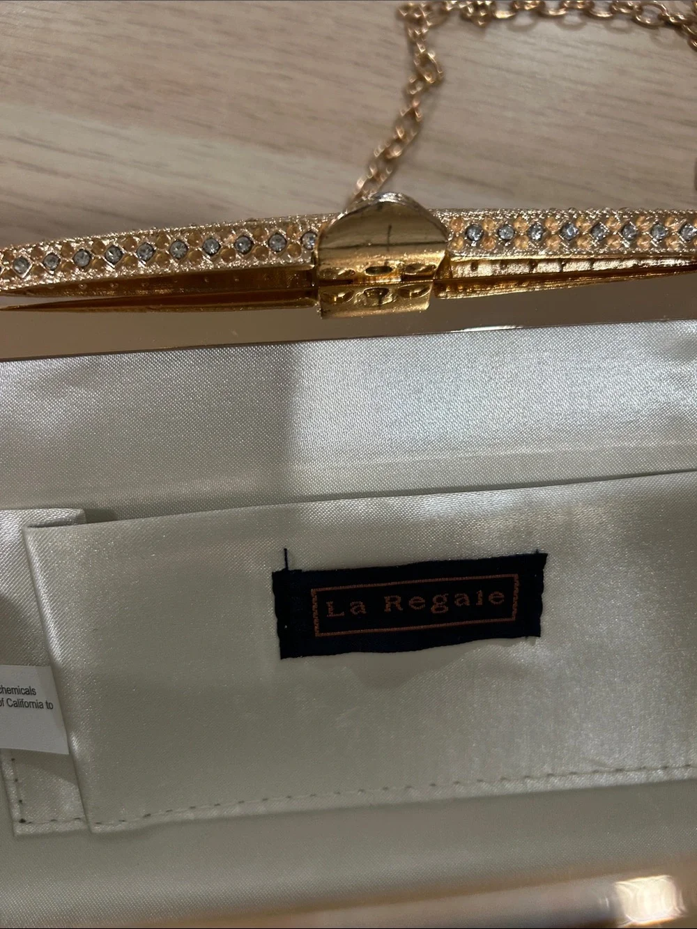 Crystal-Embellished Evening Clutch with Gold Chain